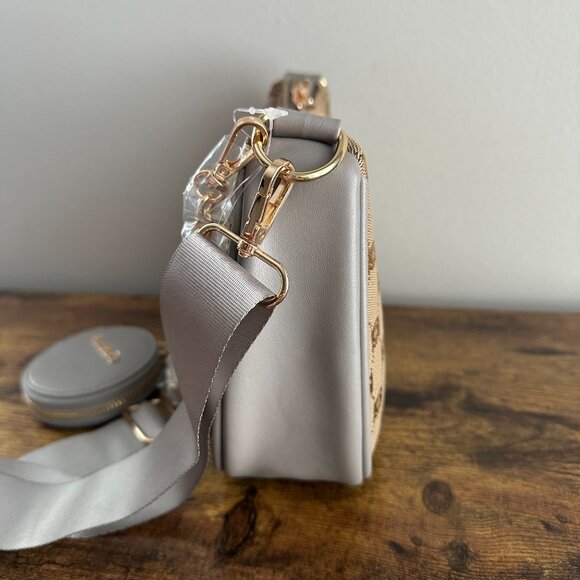 New Bebe Brown Grey Shoulder Bag Crossbody Gold Chain Pouch Sparkly Rhinestones - Picture 4 of 6